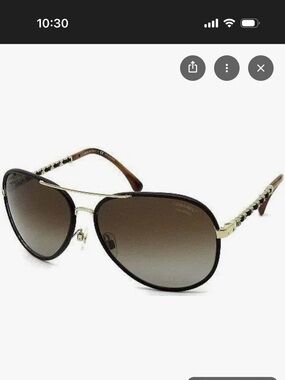 RARE Authentic CHANEL leather polarized aviator Sunglasses w Brown gradient Lens
